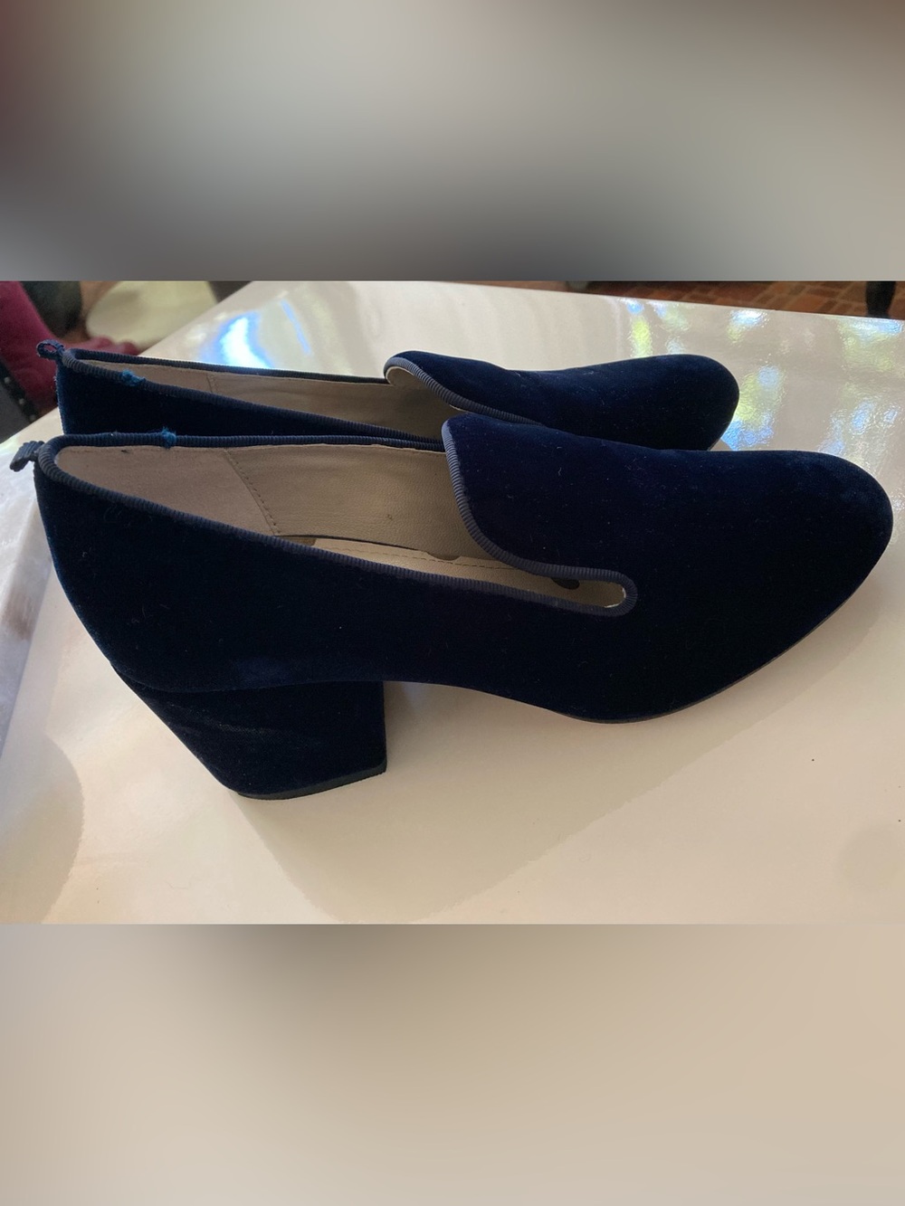Classic BODEN Navy Velvet Block Heel Loafer Women's Size 37